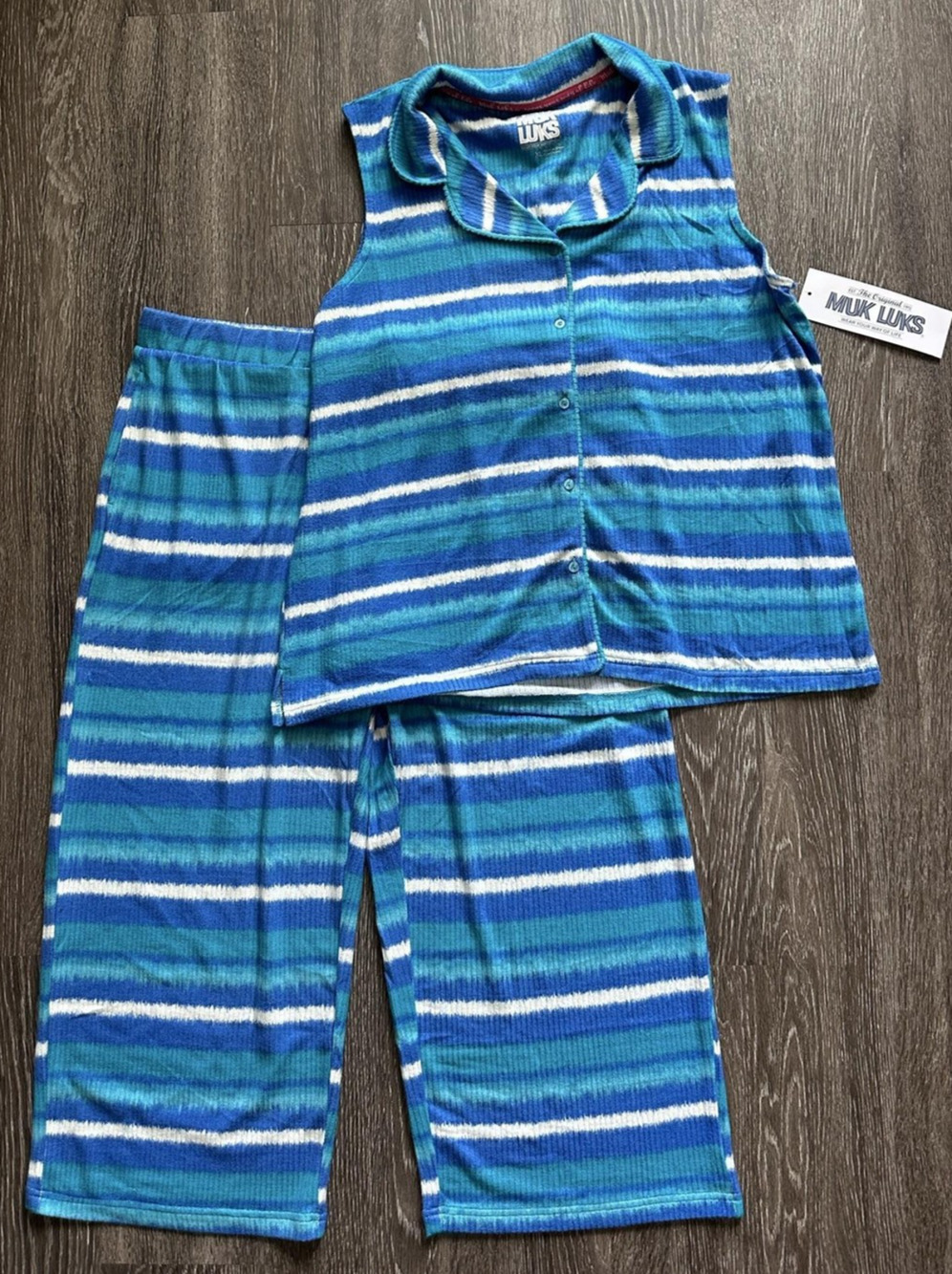 Mukluks Lounge Set Womens XL Blue Striped Terry Sleeveless Capri Pajama